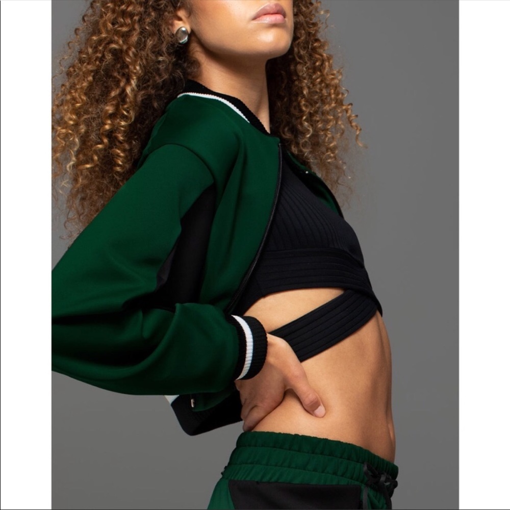 MICHI Carve Jacket Cropped Scuba Ribbed Track Colorblock Stripe Pine Green Black - Picture 3 of 15